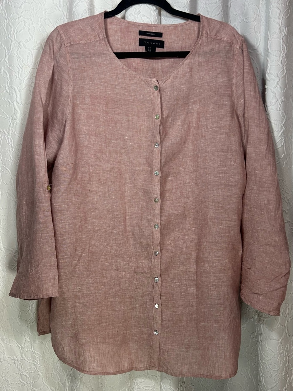 Tahari collarless 100% linen minimalist button-down tunic top in a dusty rose 1x
